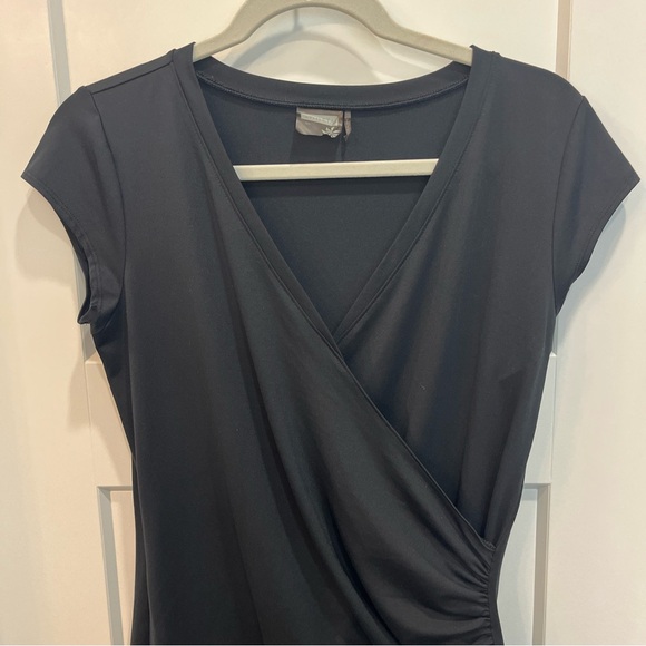 Athleta Dress Womens Black Nectar Faux Wrap Ruched Side Surplice Stretch Size MP - Picture 2 of 10